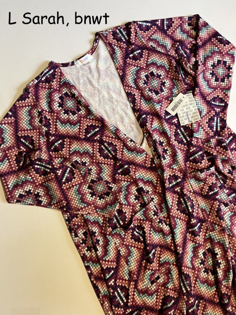 Large Lularoe Sarah long cardigan sweater, coloful square mosiac
